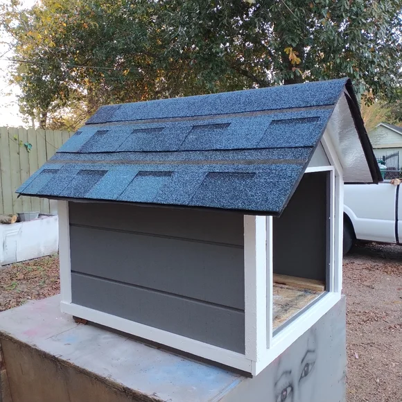 Custom dog house Gray color with white trim
